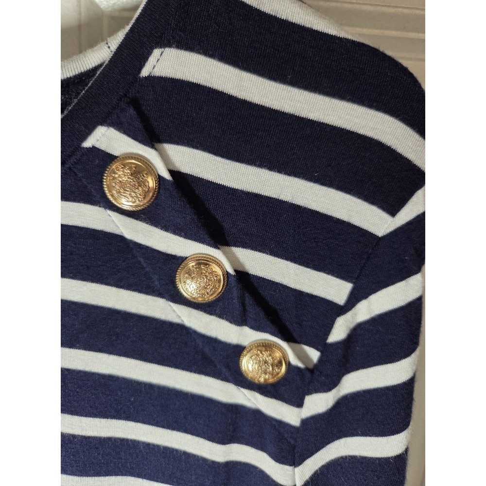 Cable & Gauge Navy Blue Striped Nautical Half Sleeve Stretchy Top Gold Accents M - Picture 6 of 7